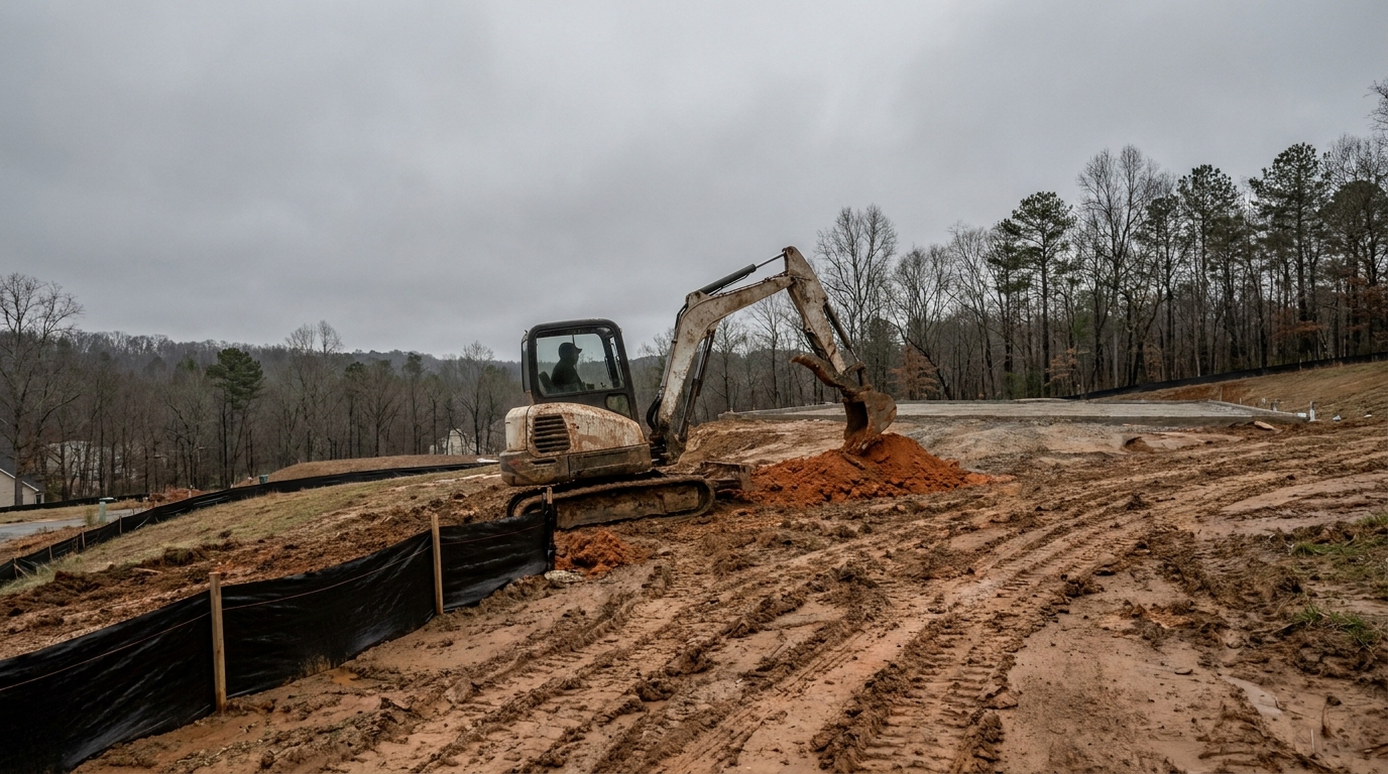 A compact excavator mid-task on a rolling red-clay lot at the edge of Asheboro North Carolina, silt fence staked along the disturbance line, Uwharrie foothill terrain under flat overcast light