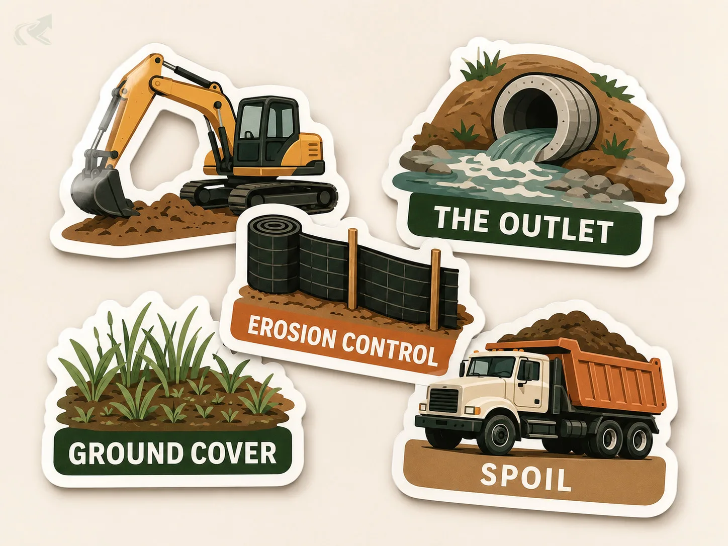A set of glossy die-cut stickers representing parts of a grading quote: an excavator, a drainage outlet pipe, a roll of silt fence, ground cover seedlings, and a loaded dump truck