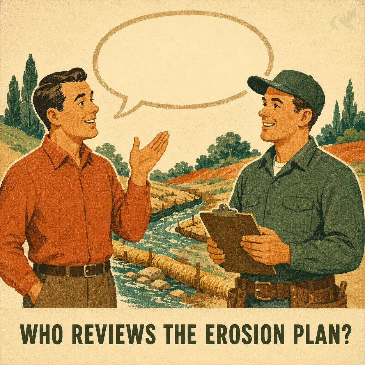 A 1950s-style advertising illustration of a homeowner asking a contractor a question beside an erosion-controlled stream, with an empty speech bubble