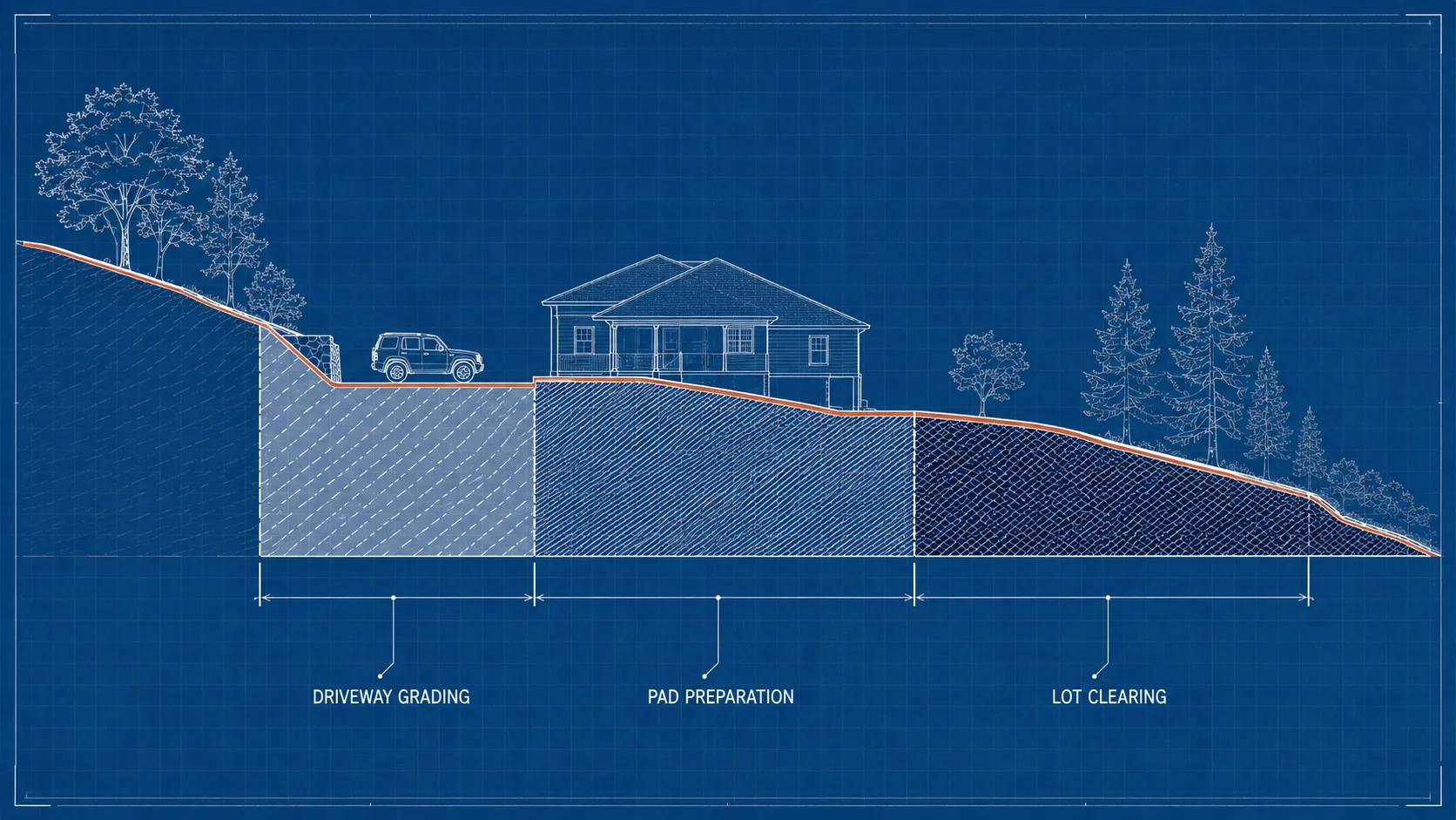 A technical blueprint cross-section of a sloped lot showing three zones of different line-work density: driveway grading, pad preparation, and lot clearing