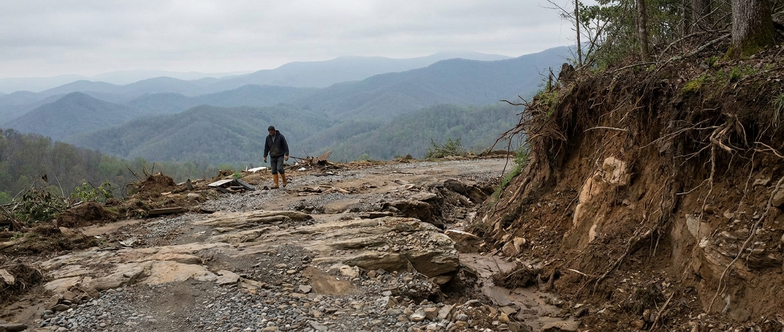 Asheville NC driveway washout repair -- storm-stripped mountain drive exposing rock and eroded embankment
