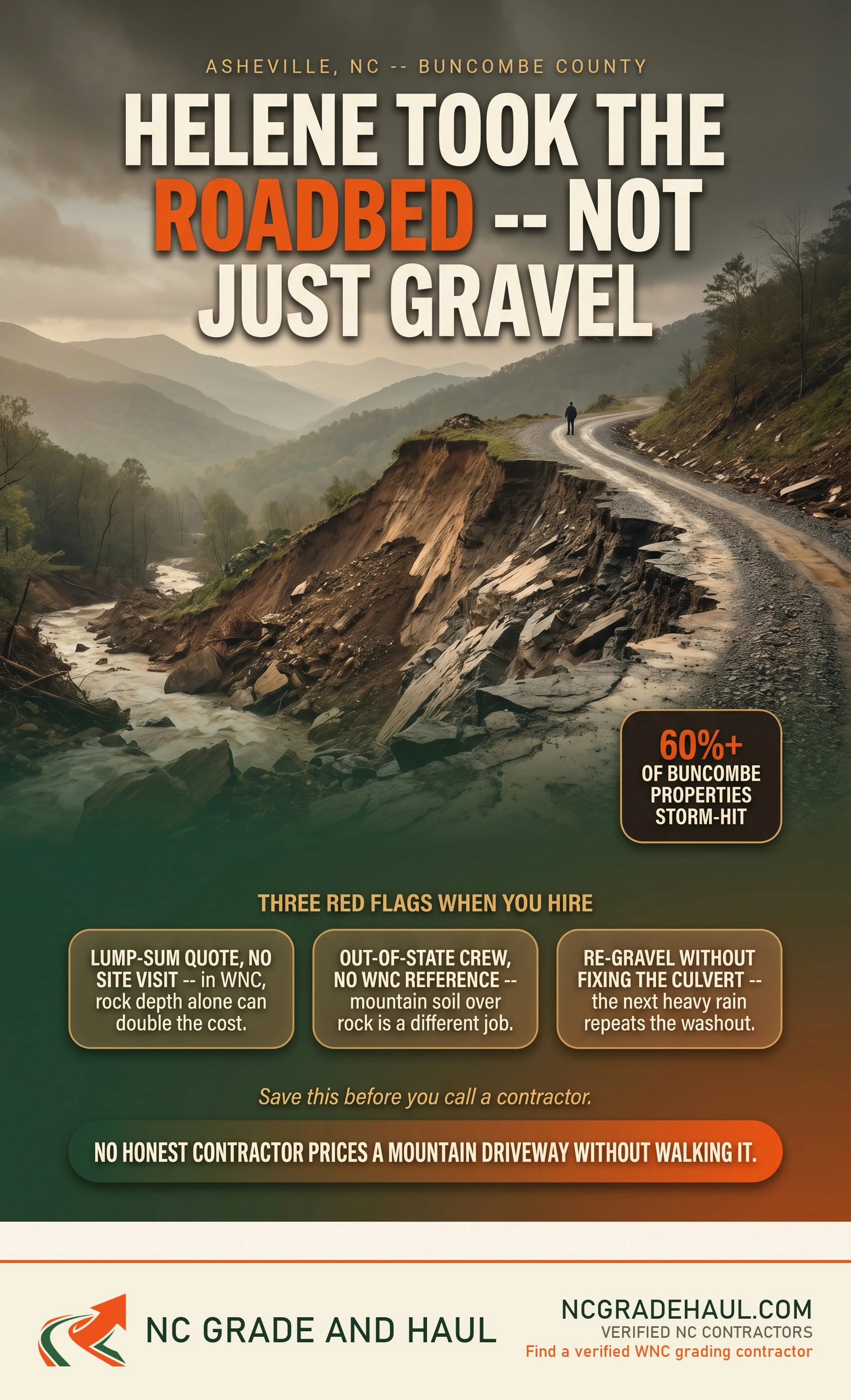 How to repair a washed out driveway in asheville NC - NC Grade and Haul infographic.