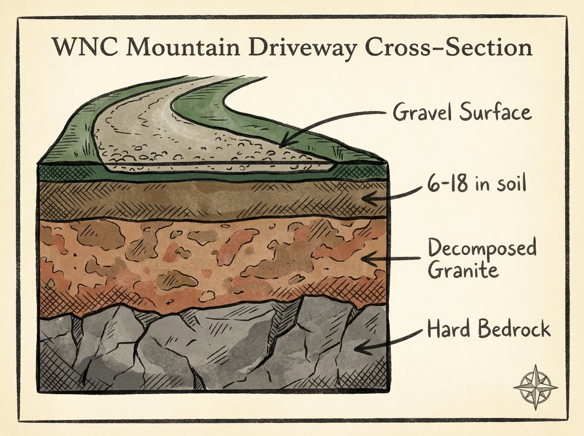 Cross-section diagram of a WNC mountain driveway showing gravel surface over a thin 6-to-18-inch soil layer, decomposed granite, and hard bedrock below -- illustrating how little material separates the road from rock.