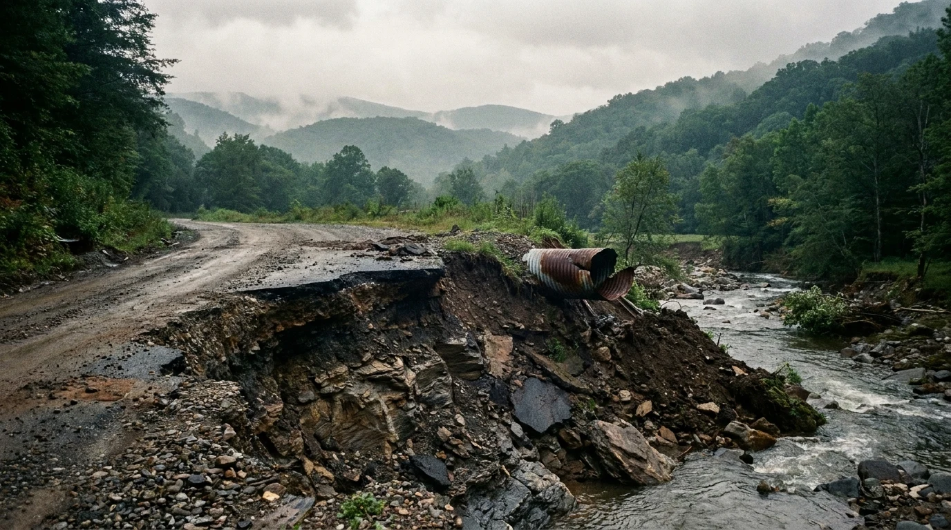 WNC mountain road washed out by storm flooding -- collapsed embankment, displaced culvert pipe, exposed bedrock, and a creek running where the roadbed used to be, with misty Blue Ridge ridgelines in the background.