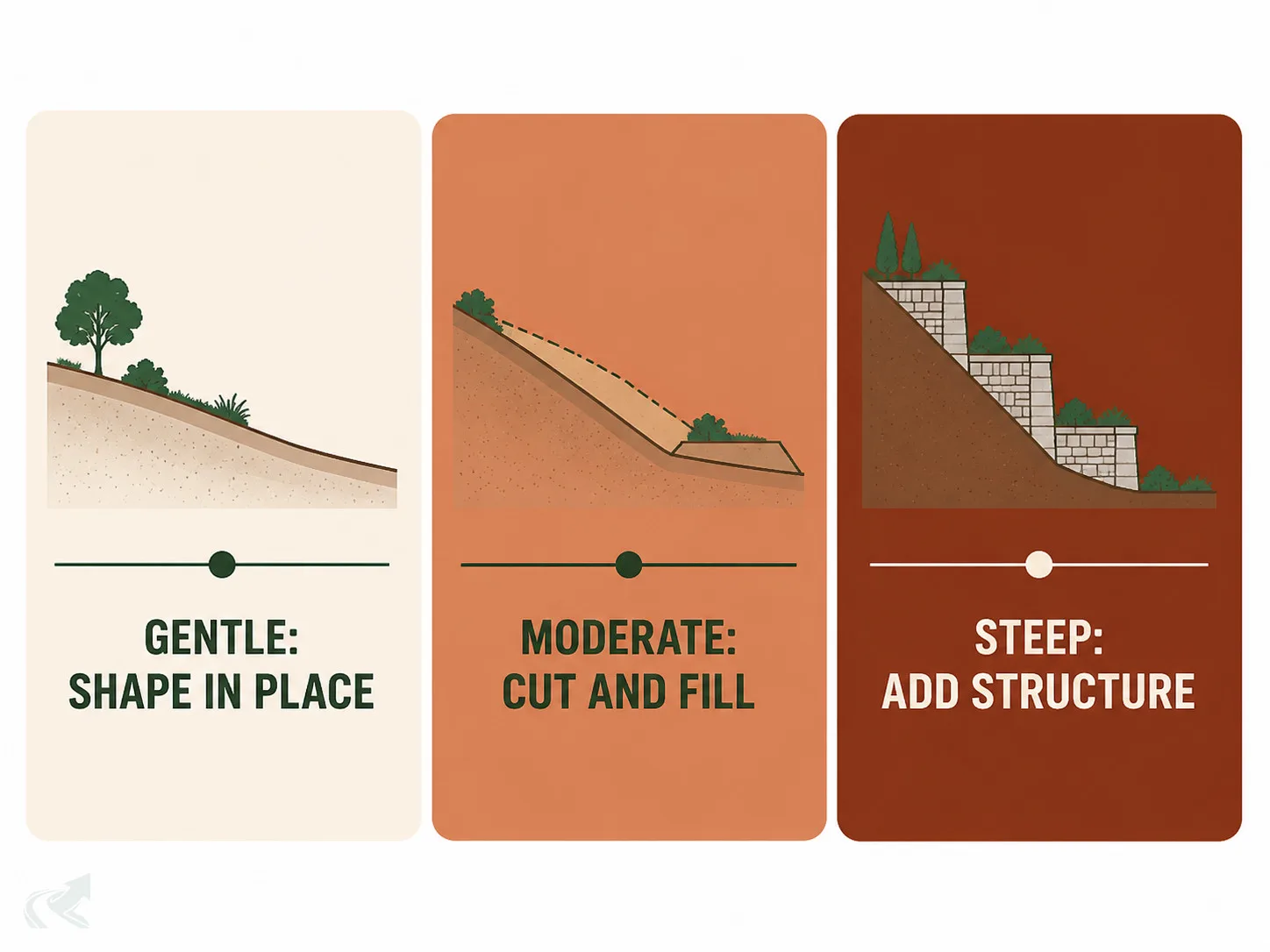 Three cards in clearly separated light-to-dark tones showing how a grading job changes as ground steepens: shape in place, cut and fill, then add structure