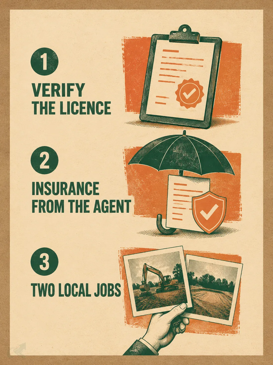 A riso-print checklist poster of three verification steps before signing with a grading contractor: verify the licence, insurance from the agent, two local jobs