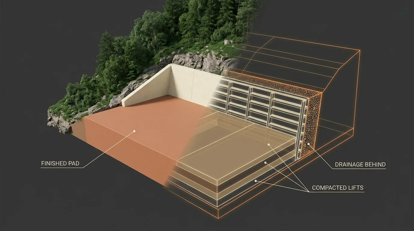 A split view of a mountain building pad, one half showing the finished pad and retaining face, the other revealed as a wireframe showing compacted fill lifts and the drainage layer behind the wall