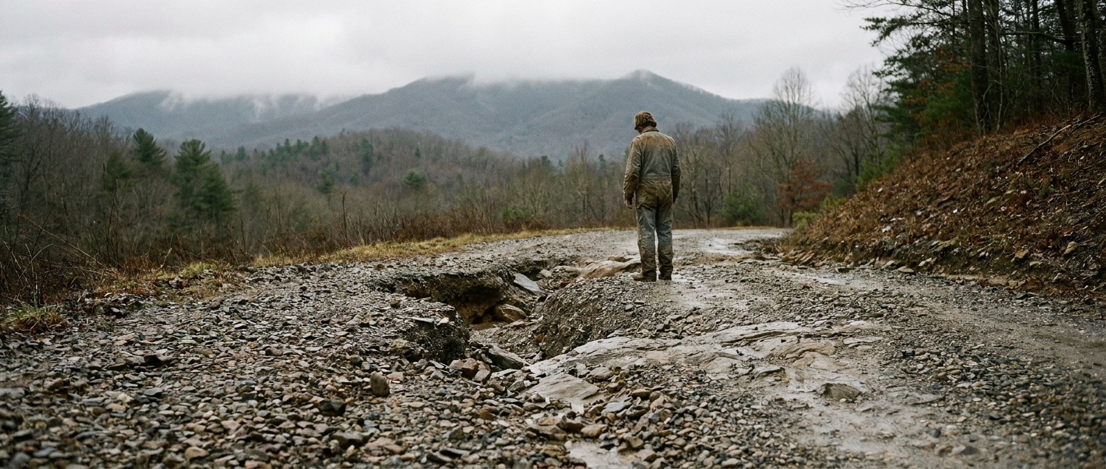 Bat Cave NC driveway repair -- storm-gouged gravel drive exposing bedrock after Helene