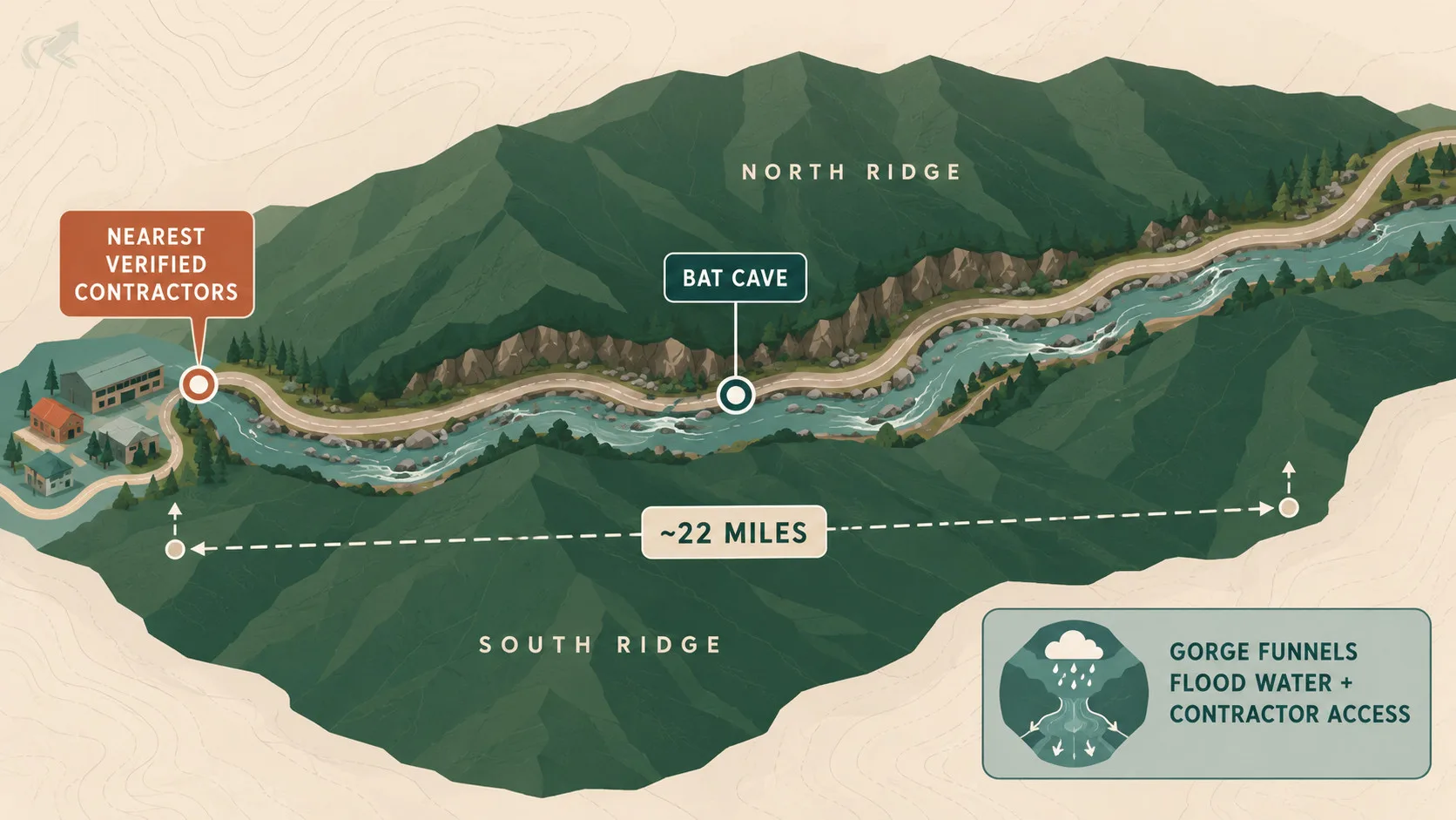 Flat-vector schematic map of the Hickory Nut Gorge corridor showing Bat Cave roughly 22 miles from the nearest verified contractor cluster, the gorge funneling both flood water and contractor access