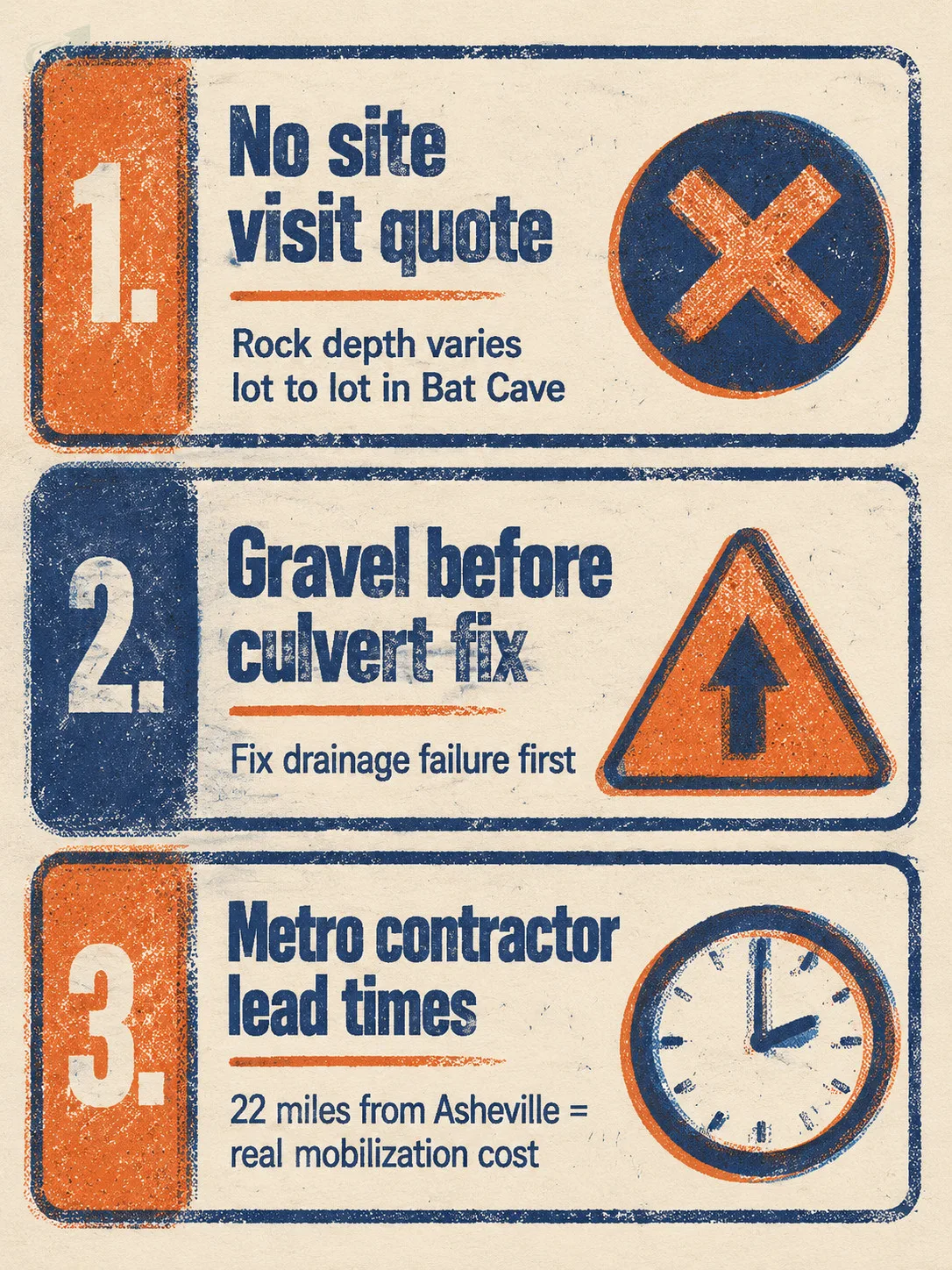 Risograph-style checklist of three mistakes Henderson County homeowners make after a storm surge: quoting without a site visit, re-graveling before fixing the culvert, and expecting metro contractor availability in the Bat Cave gorge corridor.