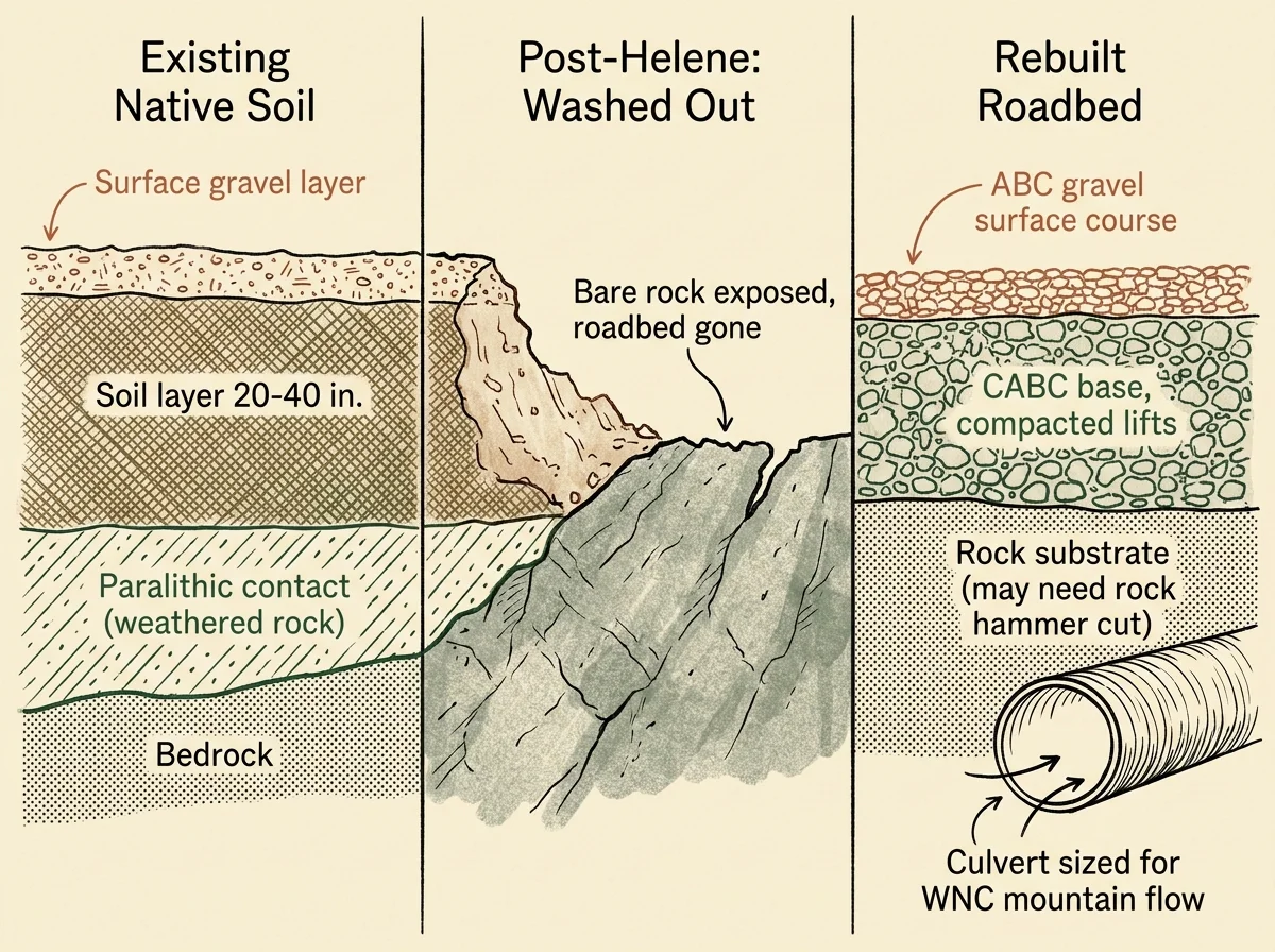 Cross-section diagram comparing three states of a Henderson County mountain driveway: existing native soil over 20-40 inches to paralithic contact, post-Helene bare-rock exposure with roadbed stripped, and a rebuilt roadbed showing CABC base compacted lifts over rock substrate with a culvert sized for WNC mountain flow.