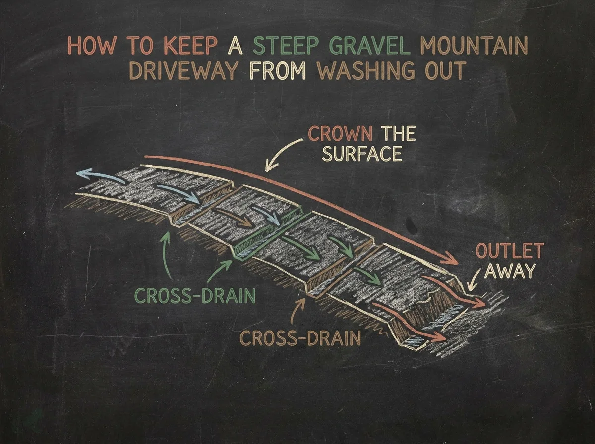A teaching board sketching a steep gravel mountain driveway kept from washing out by a crowned surface and cross-drains at intervals