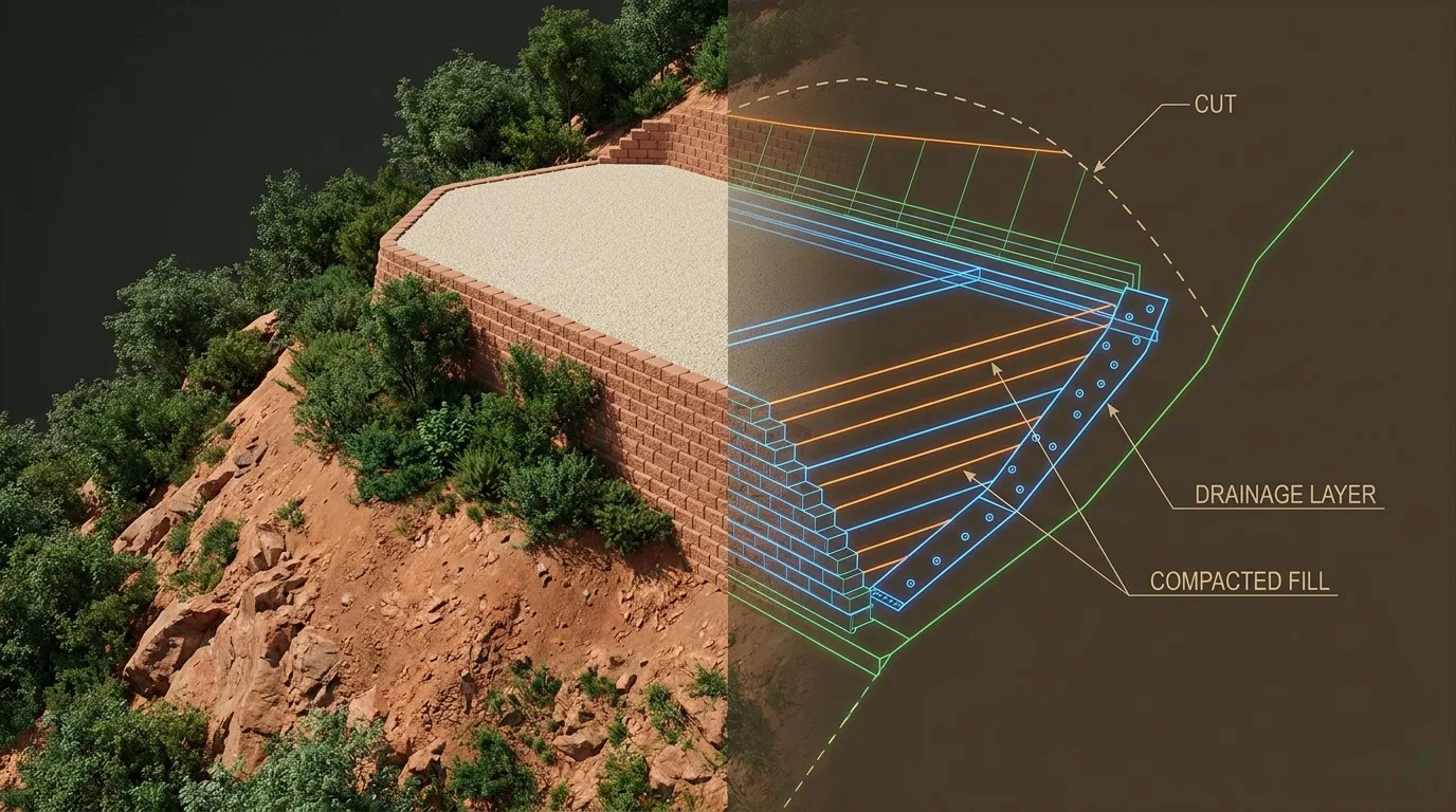 A split view of a steep mountain building site, one half finished ground with a level pad and retaining wall, the other half a technical wireframe revealing the cut line, compacted fill and drainage layer