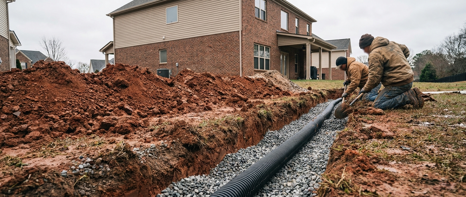 Charlotte NC French drain installation -- open trench with perforated pipe in washed gravel
