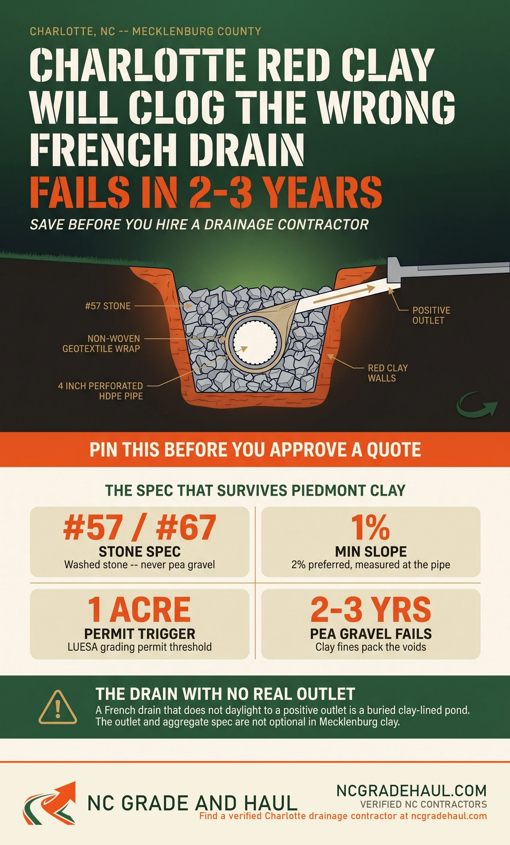 Do french drains work in charlotte clay soil - NC Grade and Haul infographic.