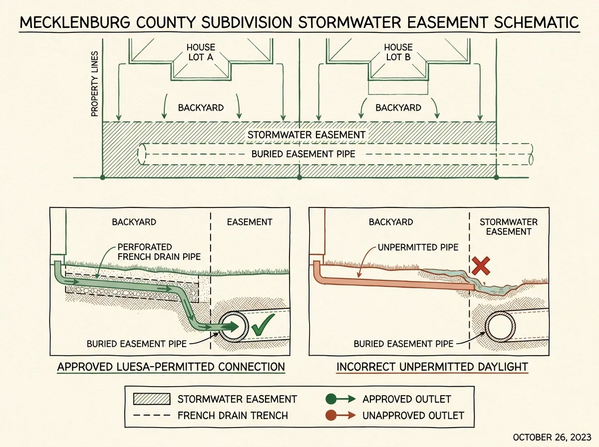 Schematic diagram comparing an approved LUESA-permitted French drain outlet connected to the buried Mecklenburg County stormwater easement pipe versus an unapproved unpermitted outlet that daylights into the easement without approval -- cross-section view with green checkmark for approved path and red X for incorrect path