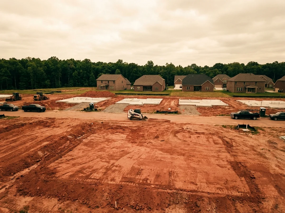 Aerial view of a Charlotte-area residential subdivision under active construction -- red clay lots at various grading stages, foundation pads laid, and a row of completed brick homes in the background under overcast light.