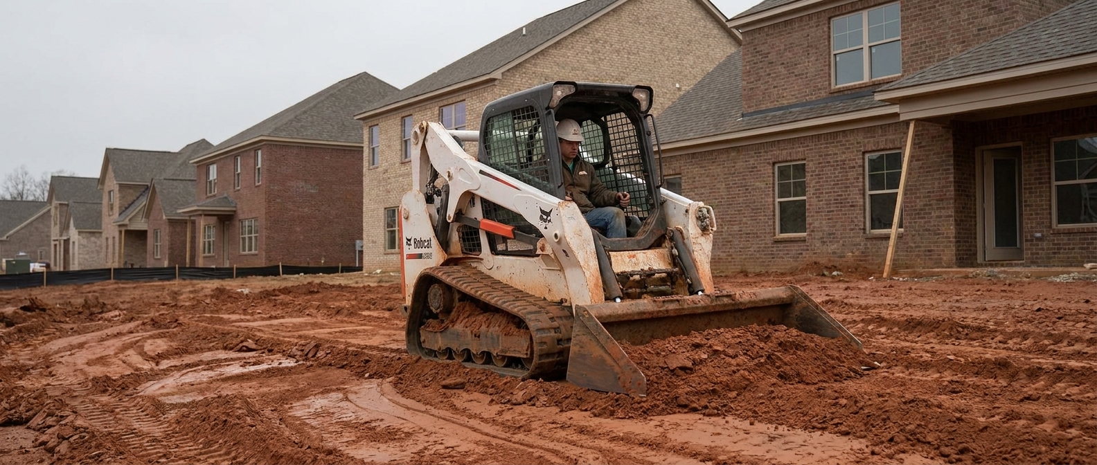 Charlotte NC grading contractor -- track loader contouring red clay on a residential lot