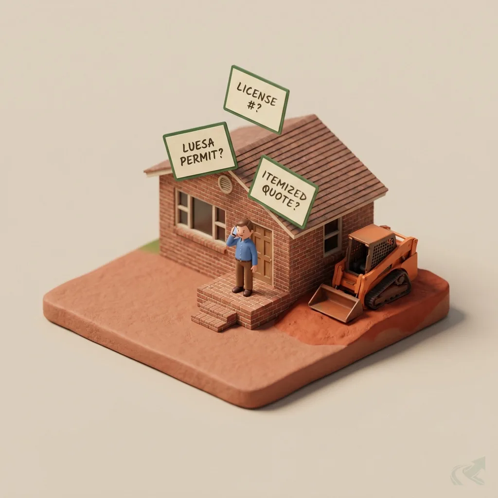 Isometric miniature diorama of a Charlotte homeowner on the phone outside a brick ranch house with red clay lot and track loader -- three question cards float above: LICENSE #?, LUESA PERMIT?, ITEMIZED QUOTE?
