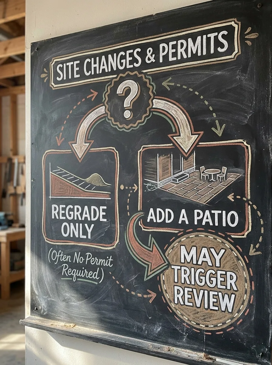 A teaching board showing one question branching two ways: a regrade alone versus adding a patio, with the patio route flagged as possibly triggering review