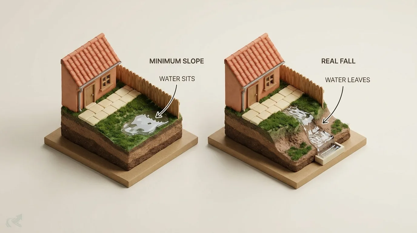A miniature model cross-section showing a yard graded to minimum slope with water pooling beside the same yard given real fall, where water runs off