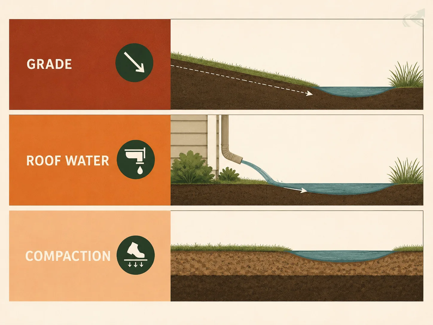An editorial chart comparing three causes of a ponding yard as three bands in clearly separated tones: grade, roof water, and compaction