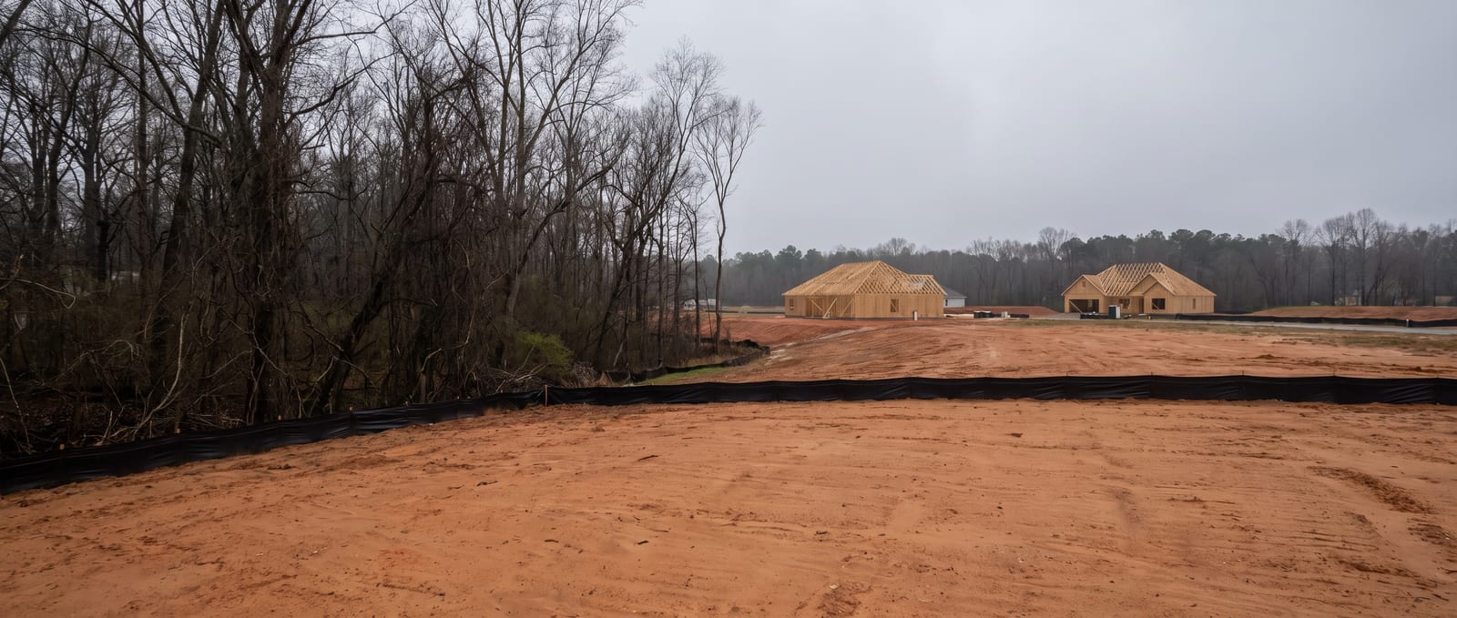 A graded red-clay lot in a new Charlotte-area subdivision with a wooded stream buffer along one edge, silt fence and framed houses under an overcast Piedmont sky
