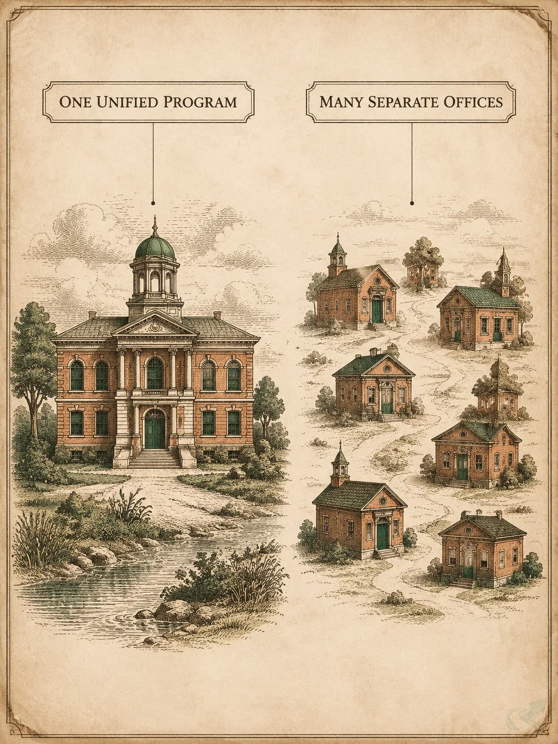 A field-guide plate contrasting one unified stormwater office drawn as a single building against several scattered separate town offices
