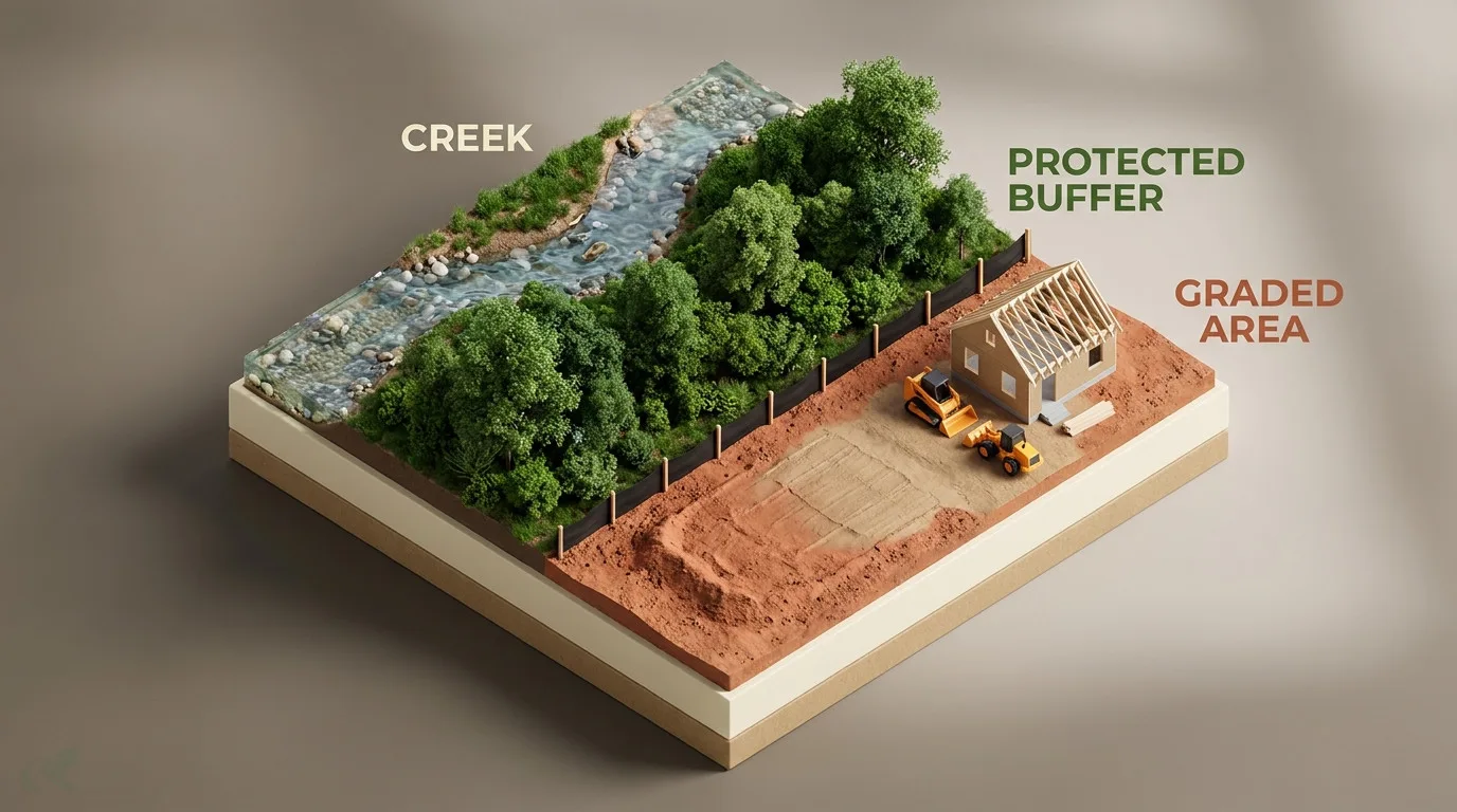 A miniature model of a residential lot backing onto a wooded creek, with the protected streamside buffer as an undisturbed strip of trees between the creek and the graded yard
