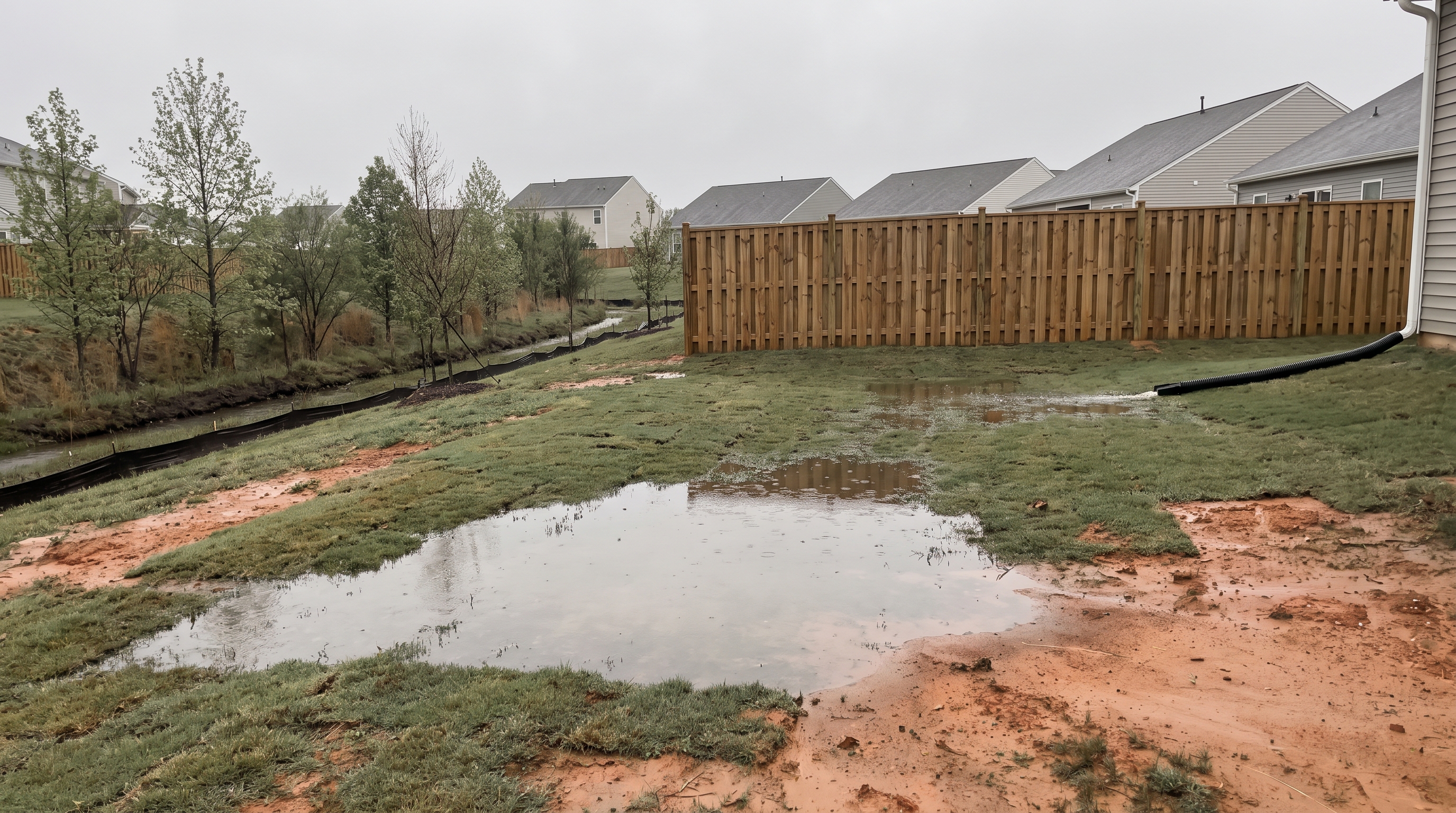 Standing water in the low back corner of a newer Clayton subdivision lot, fresh sod meeting bare red clay at the fence line, a small wooded drainage channel beyond, flat overcast light