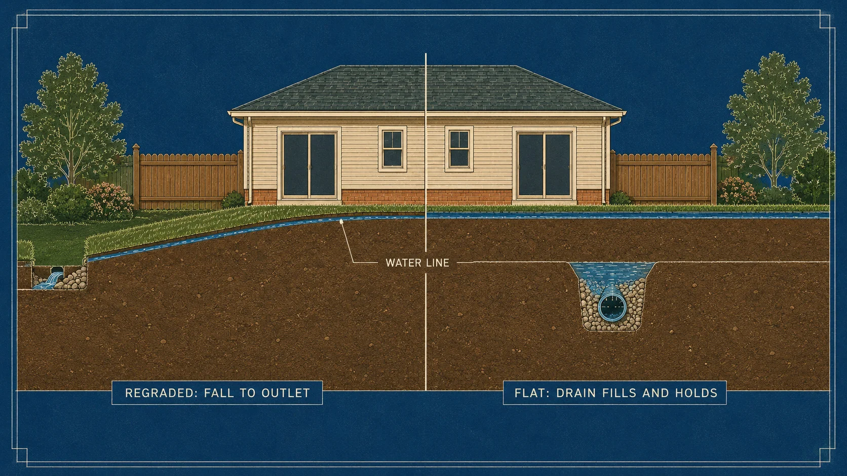 A blueprint cross-section comparing a yard regraded to establish fall to a daylight outlet against a flat yard where a buried drain has filled with water and holds it