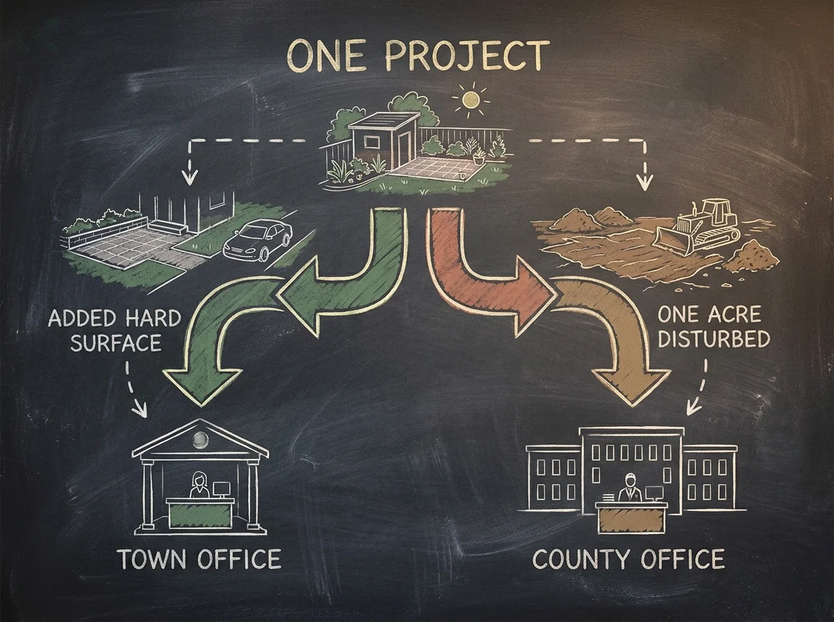 A teaching board showing two separate permit paths from one back-yard project, one keyed to added hard surface going to the town office and one keyed to acres disturbed going to the county office