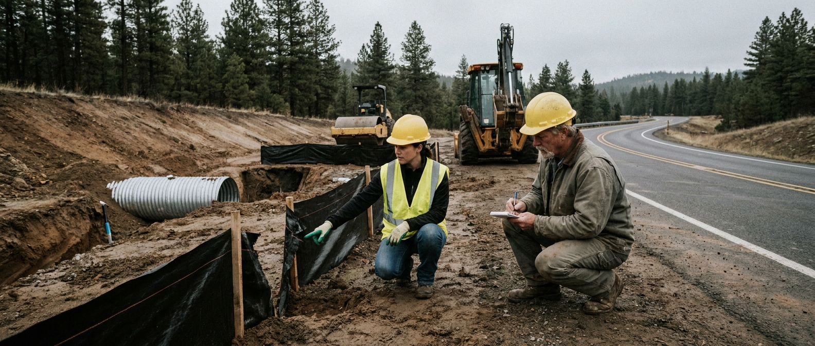 NC grading permit inspector and contractor reviewing silt fence at a county culvert project