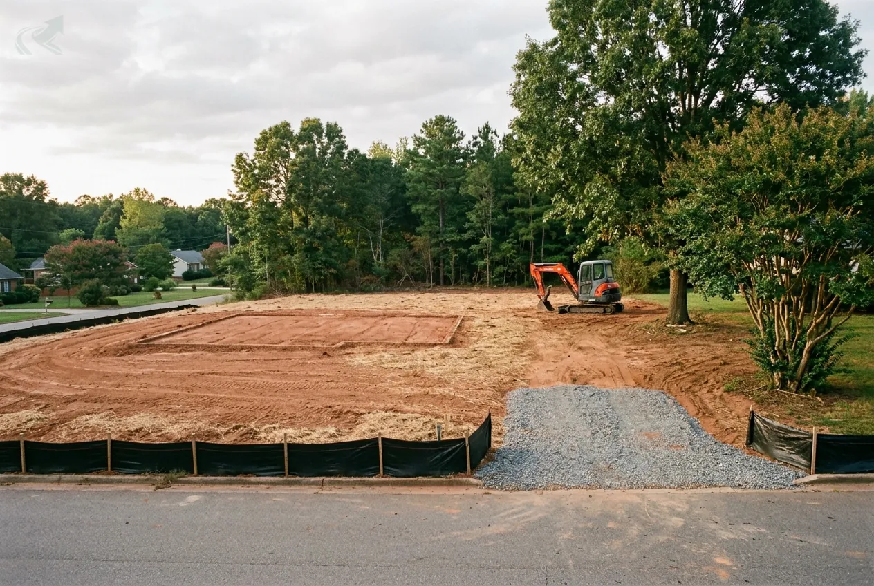 A cleared residential lot in North Carolina after demolition, with a smooth red clay pad outlining where the house stood, black silt fence along the low edge, a gravel entrance from the street and an excavator parked at the back.
