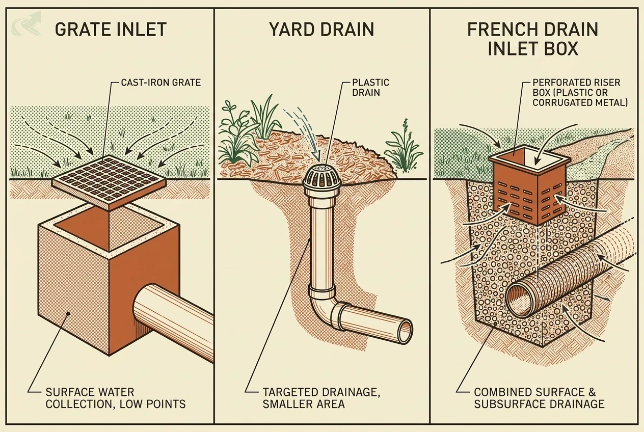 Three-panel cutaway comparison of catch basin inlet types: a cast-iron grate inlet flush with a mowed lawn, a smaller round yard drain set in a mulch bed, and a perforated French drain inlet box at the head of a gravel trench accepting both surface and subsurface water.