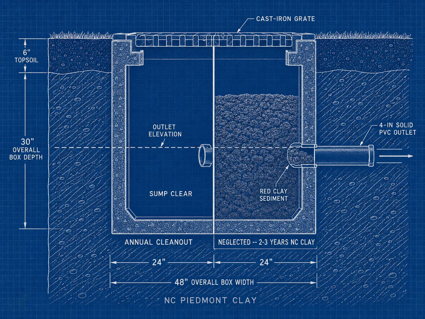 Technical blueprint cross-section of a catch basin split into two halves: left side shows a clear sump below the outlet pipe elevation after annual cleanout; right side shows the same basin packed with NC Piedmont red clay sediment up to and past the outlet pipe -- partially blocking the 4-inch solid PVC outlet.