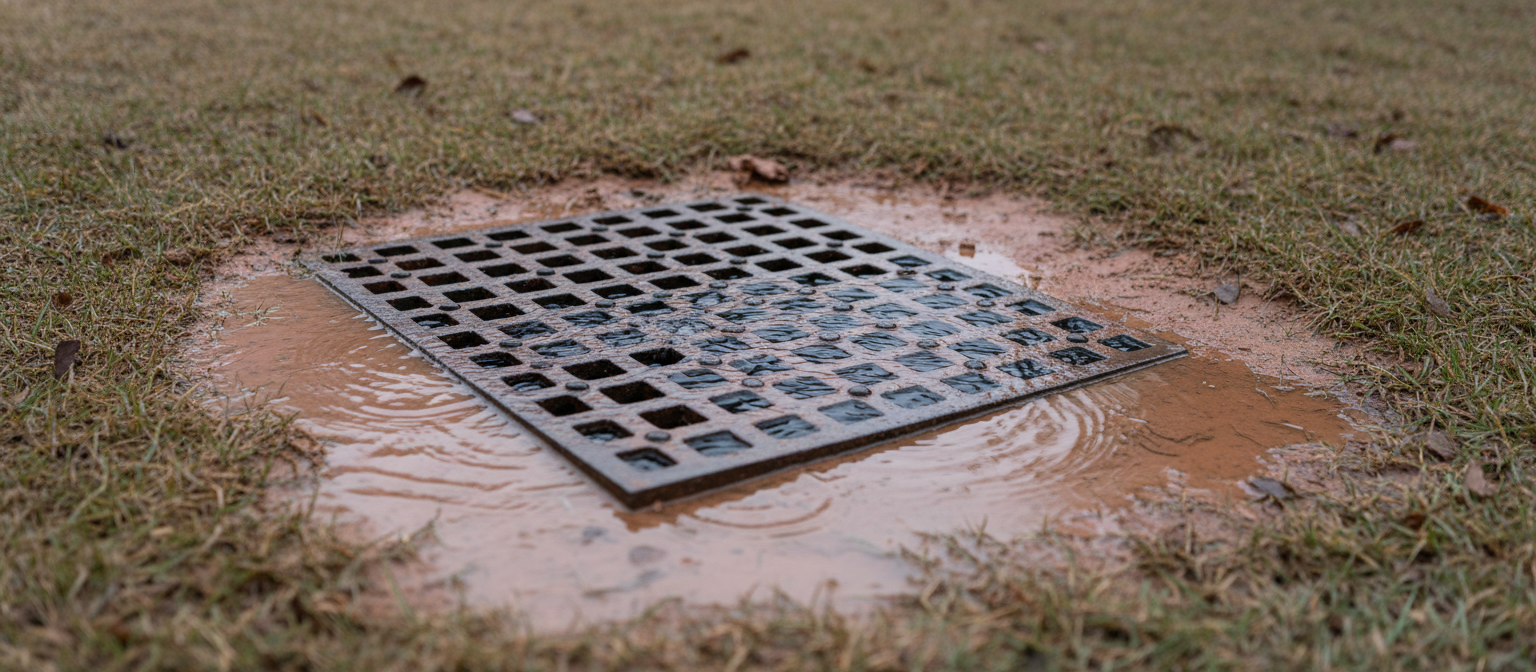 NC catch basin grate inlet flush with graded yard as rainwater drains in