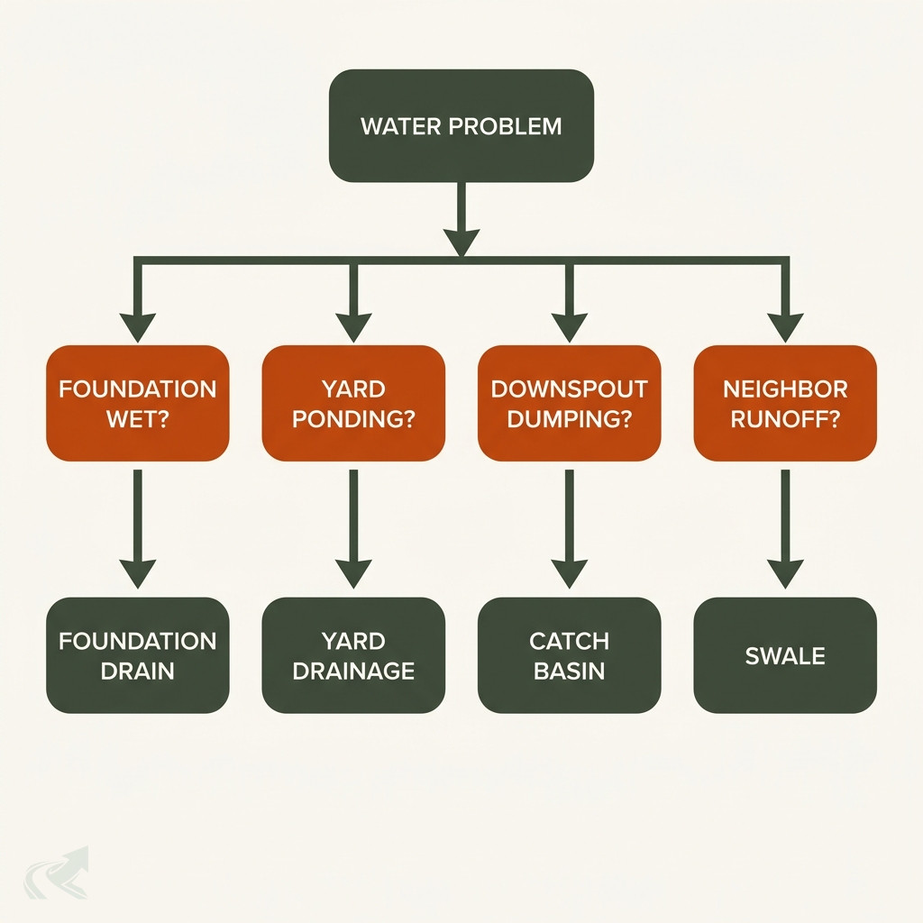 Decision tree flowchart for diagnosing NC drainage problems: foundation wet leads to foundation drain, yard ponding to yard drainage, downspout dumping to catch basin, neighbor runoff to swale