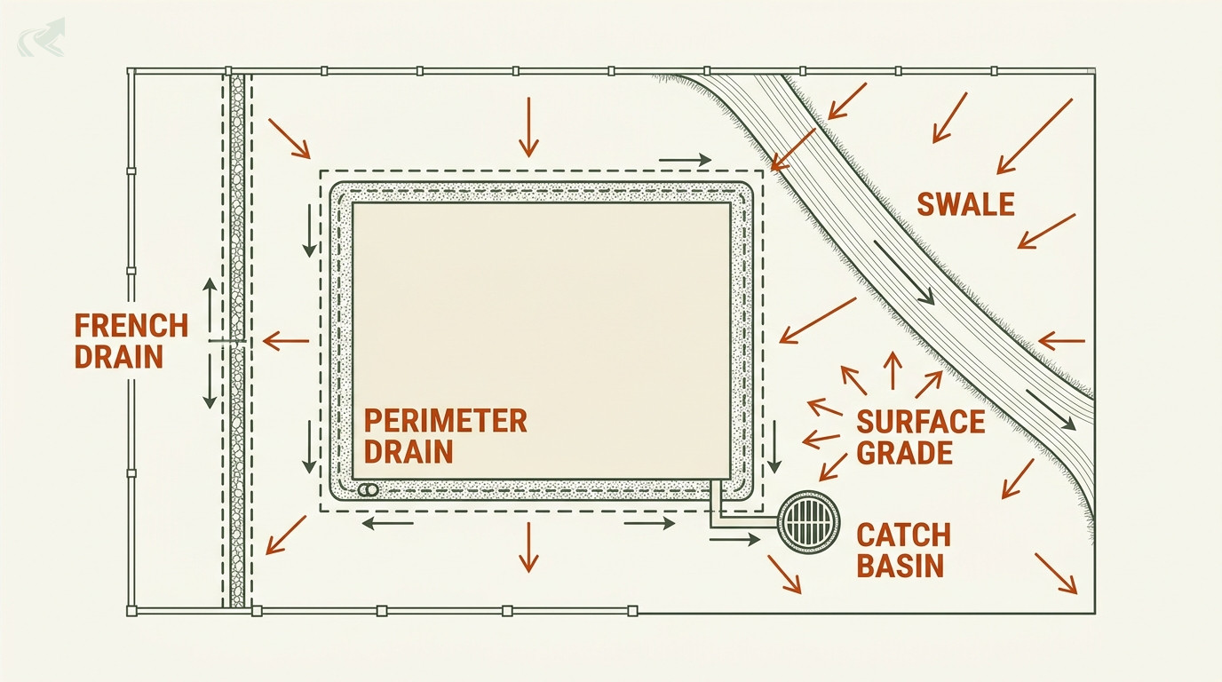 Overhead schematic of a residential lot showing five drainage systems: French drain along property line, foundation perimeter drain around house, swale channel, catch basin at downspout corner, and surface grade arrows