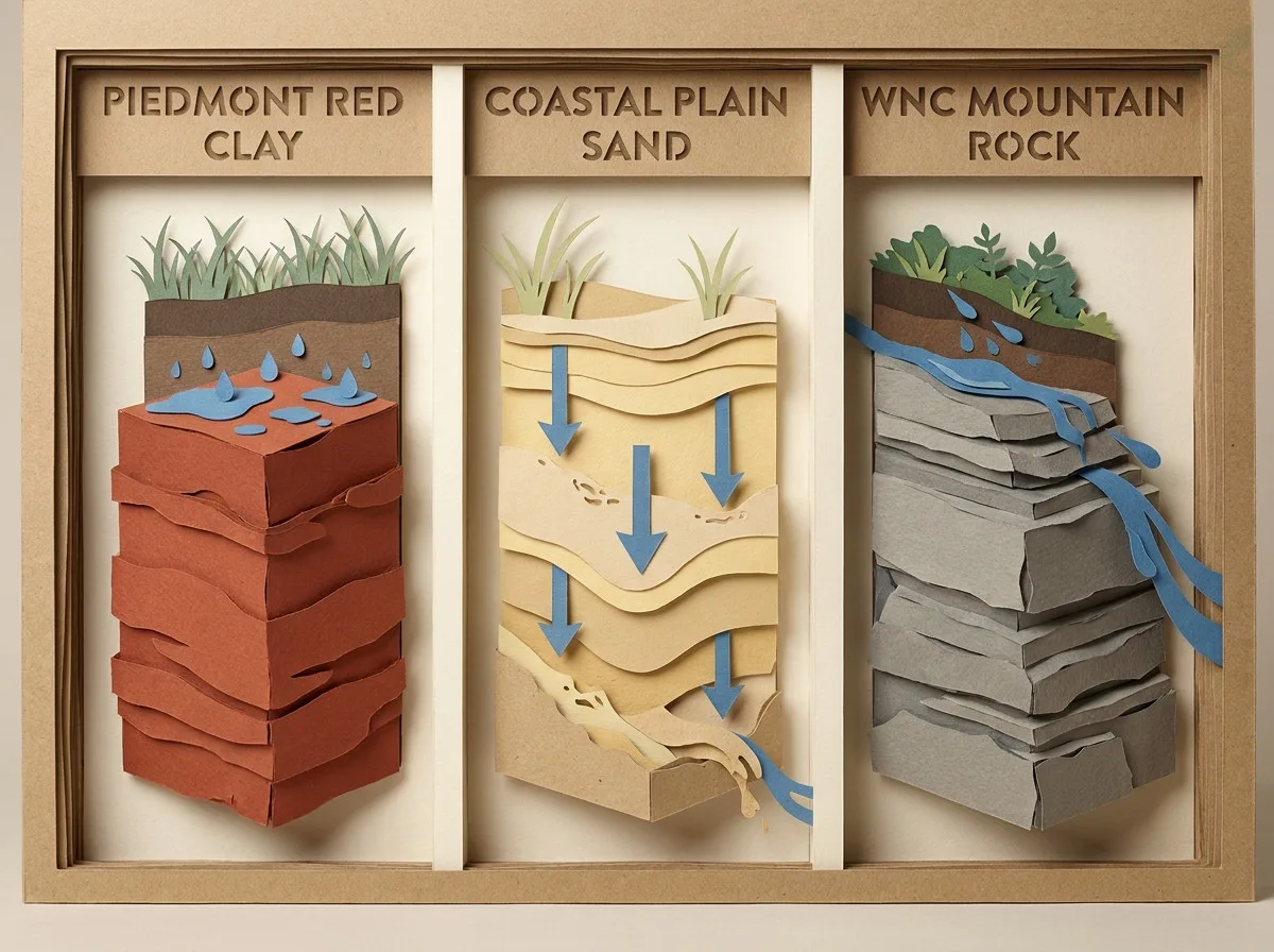 Papercraft cross-section of three NC soil zones side by side -- Piedmont red clay with water pooling on the surface, Coastal Plain sand with water draining straight through, and WNC mountain rock with water sheeting sideways off bedrock
