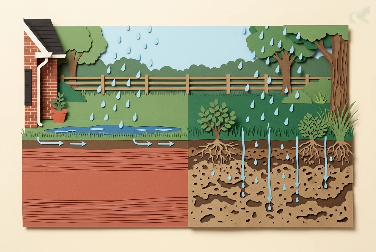 Paper-cut cross-section of a yard. On the left, rain puddles on the lawn above a dense slab of packed red clay and runs sideways along the surface. On the right, rain soaks straight down through loose, crumbly soil full of air pockets and roots.