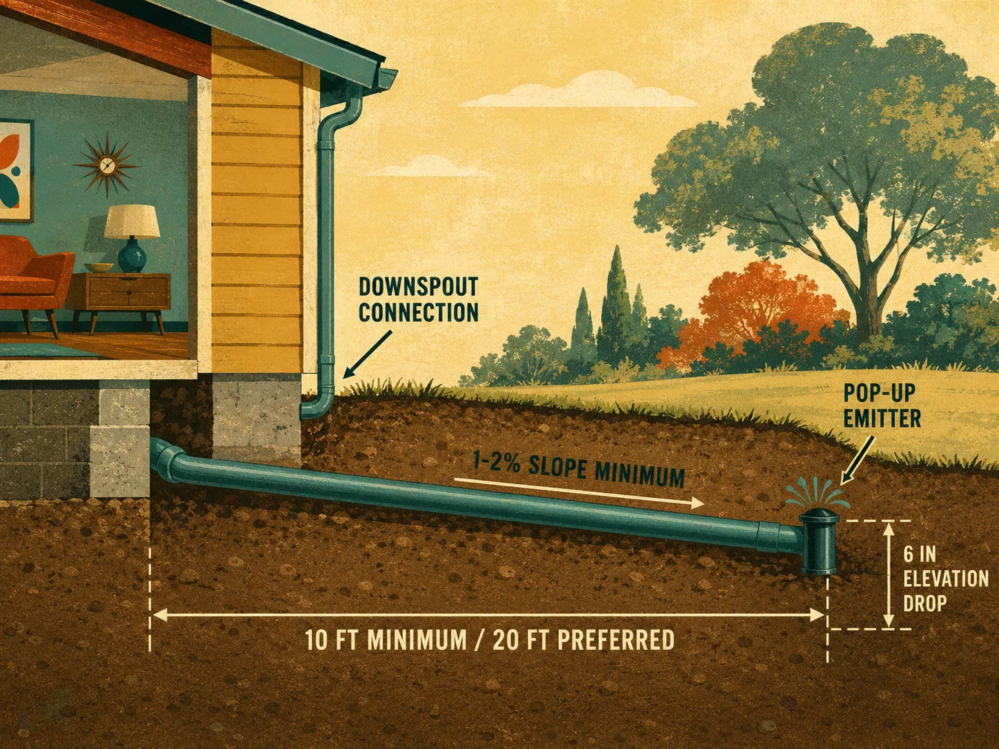Mid-century style cross-section diagram showing a buried solid pipe running from a house downspout at 1-2% slope to a pop-up emitter outlet 10-20 feet away, with a 6-inch minimum elevation drop across the run