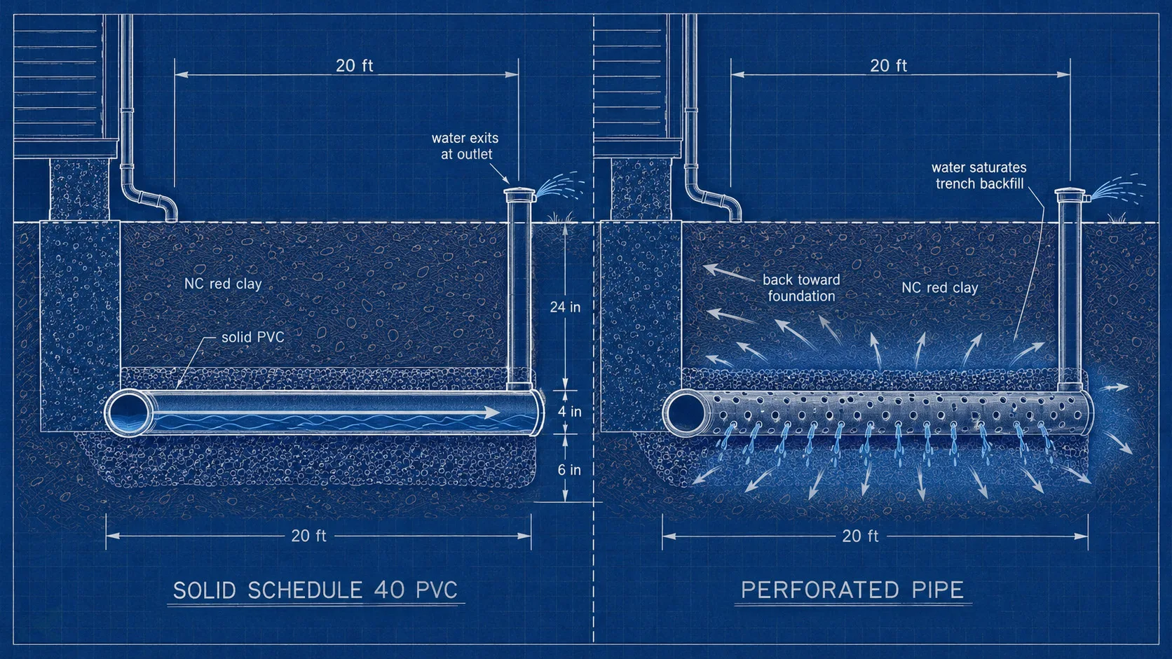 Blueprint cross-section comparing solid Schedule 40 PVC pipe carrying water to a pop-up emitter versus perforated pipe releasing water into NC red clay backfill and saturating soil back toward the foundation