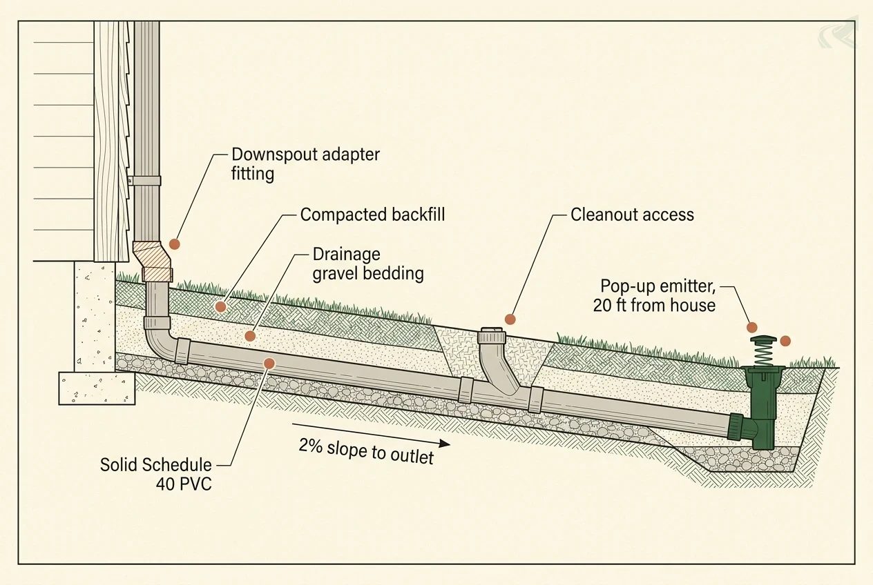 Cross-section of a correct downspout tie-in: a downspout adapter fitting transitions to solid Schedule 40 PVC pipe running through a compacted-backfill trench at a 2% slope, with a cleanout access fitting at a direction change, terminating at a pop-up emitter 20 feet from the house.