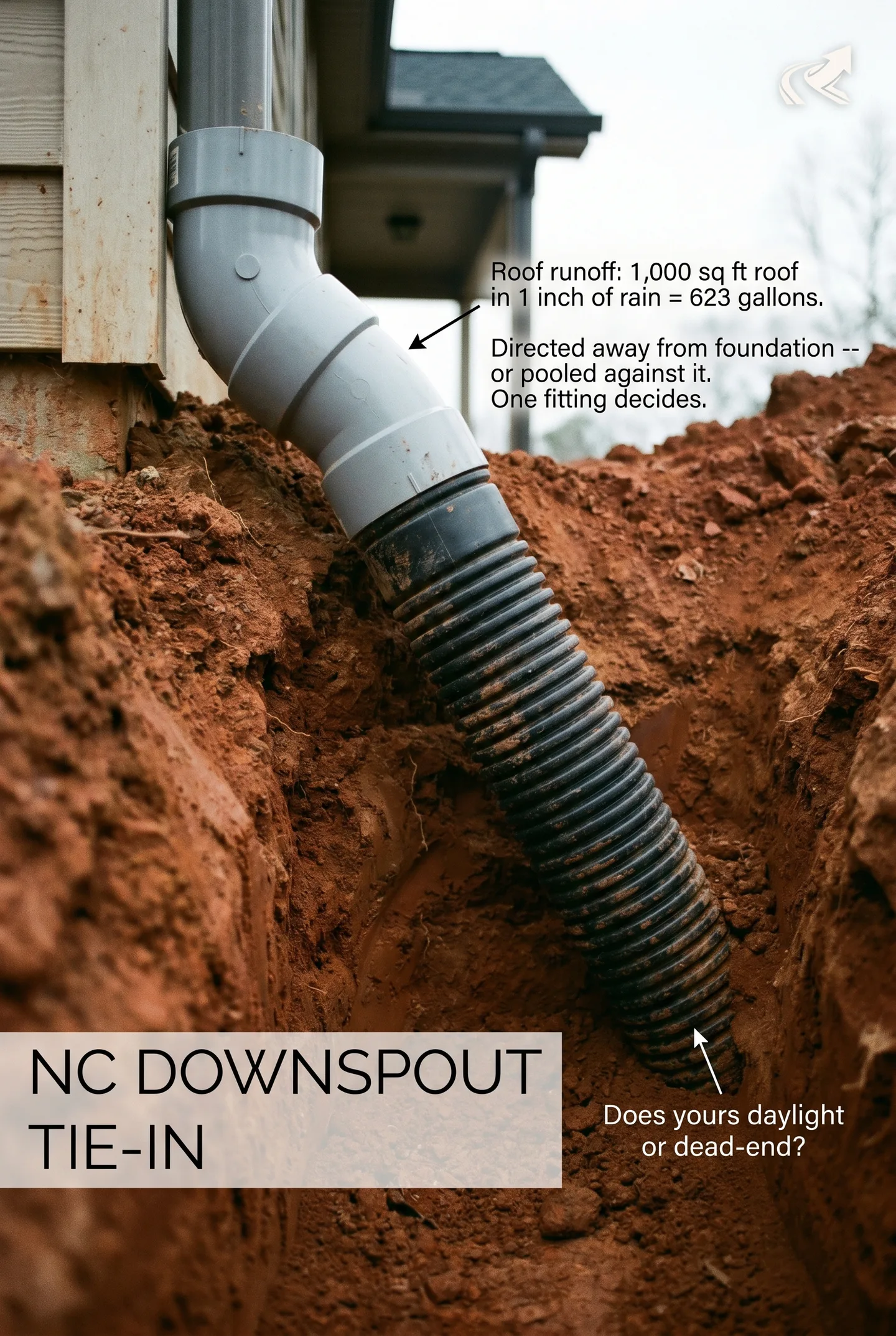 Tying downspouts to underground PVC routes roof runoff away from the foundation. Installation, daylighting, and how NC clay causes the failure modes most installers don't plan for.