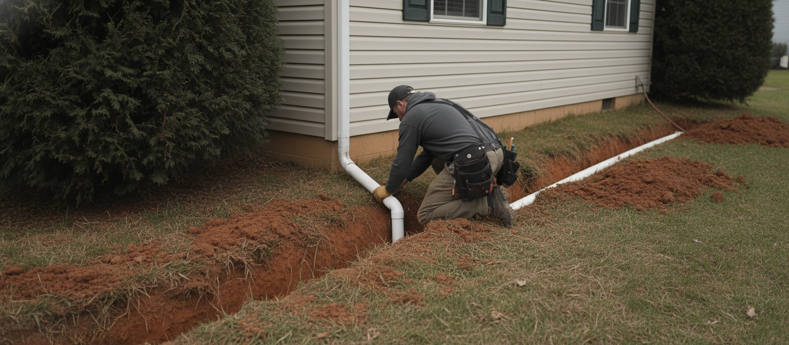 NC downspout tie-in worker connecting PVC pipe in red clay trench