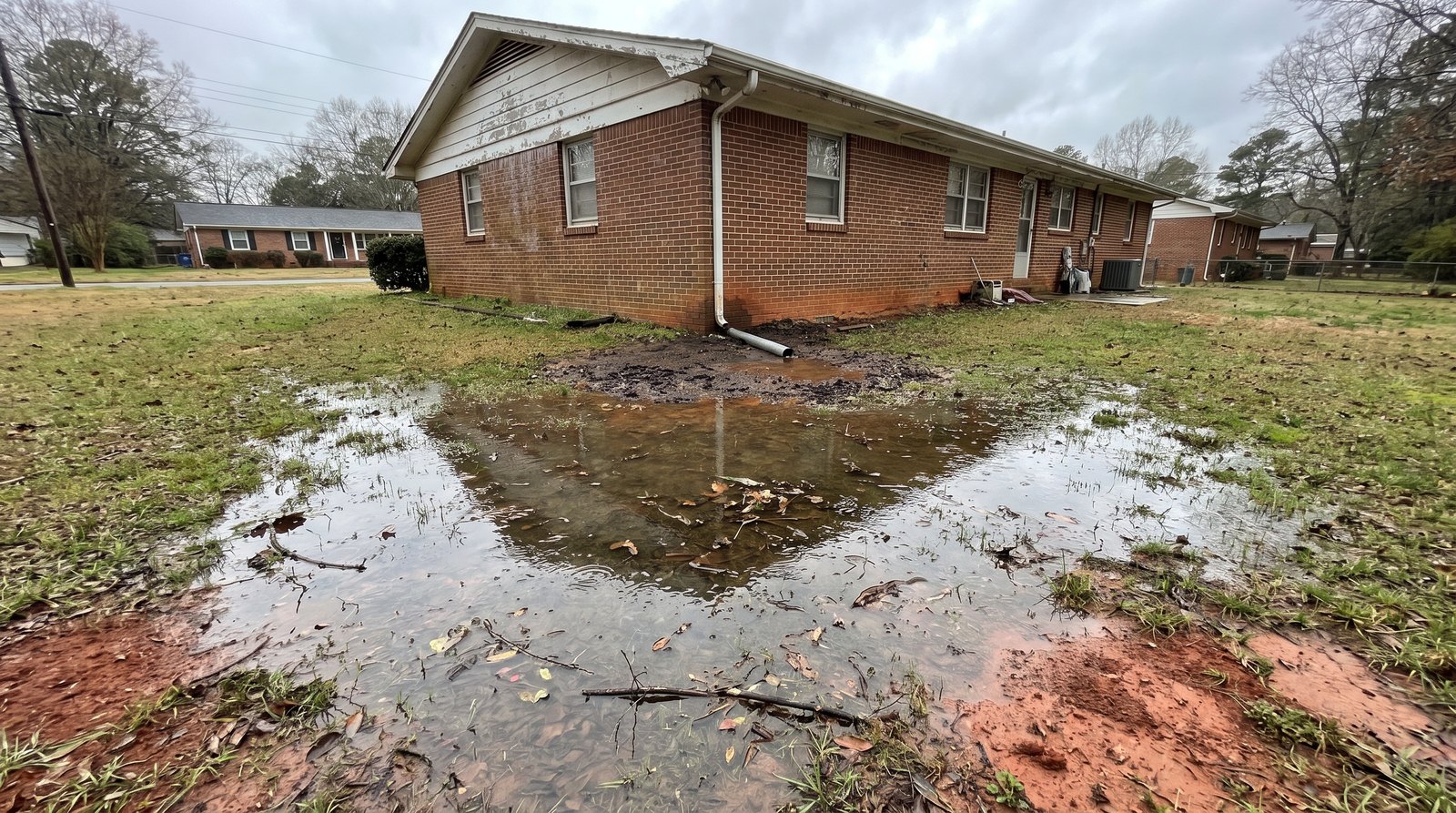 The back corner of a brick ranch house the day after heavy rain, a downspout ending at the foundation with no extension, and a wide shallow sheet of standing water and bare red clay across the lawn.