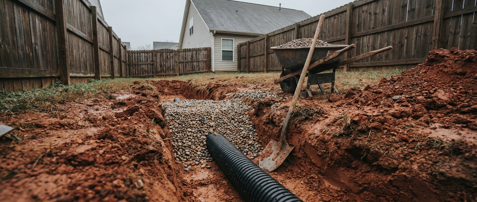 NC drainage trench open in a Piedmont backyard with corrugated pipe and washed gravel