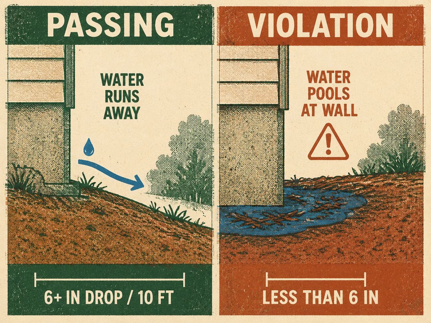Risograph-style split comparison: left panel shows passing grade with water running away from the foundation wall (6-plus-inch drop over 10 feet); right panel shows a code violation with water pooling at the foundation base (less than 6 inches of drop).