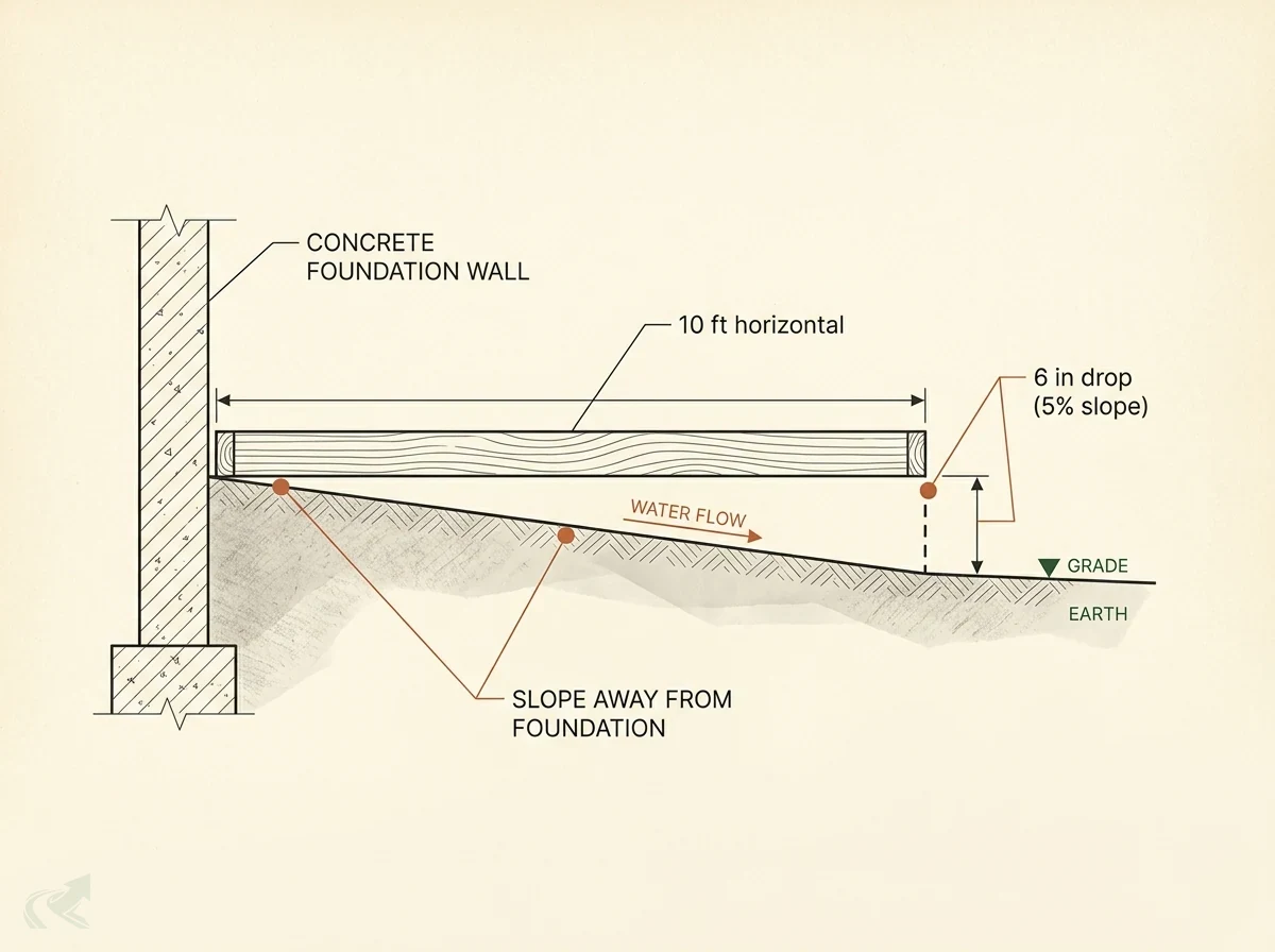 Cross-section of the 6-inch-in-10-foot slope rule: a level 10-foot board runs horizontally from the foundation wall, and a vertical measurement at the far end shows a 6-inch drop to the sloped ground -- a 5% slope carrying water away from the foundation.